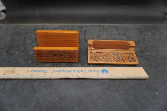 Wood Carved Letter Holder & Business Card Stand Set
