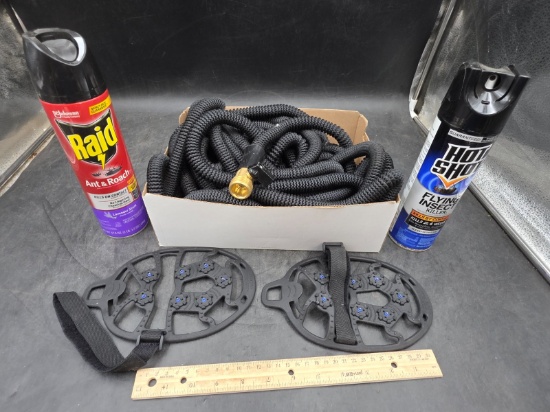 Nylon & Rubber Garden Hose, Bug Sprays & Plastic Ice Cleats Lot
