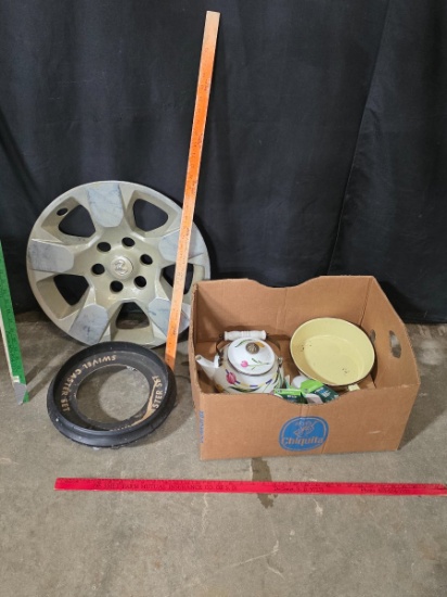 Ram Plastic & Metal Hubcap, Enamel Teapot, Cast Iron Pan & LED Bulbs Lot
