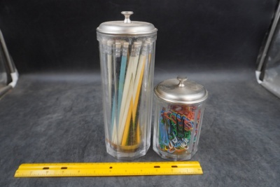 Vintage Glass Desk Jars with Pencils and Paper Clips (2-Piece Lot)