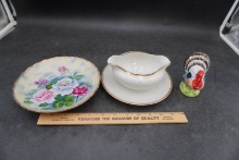 Vintage Royalton China Gravy Boat, Floral Dish & Turkey Figurine (3-Pc Lot)