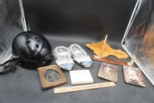 Vintage Solid Oak Wall Shelf, Helmet, Framed Portrait & More