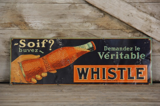 French Whistle Soda Buvez in Bottles Embossed Tin Advertising Sign