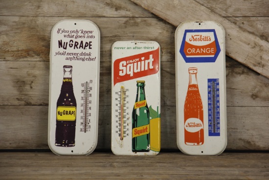 Lot of 3 NuGrape, Nesbitt's & Squirt Soda Thermometer Advertising Signs