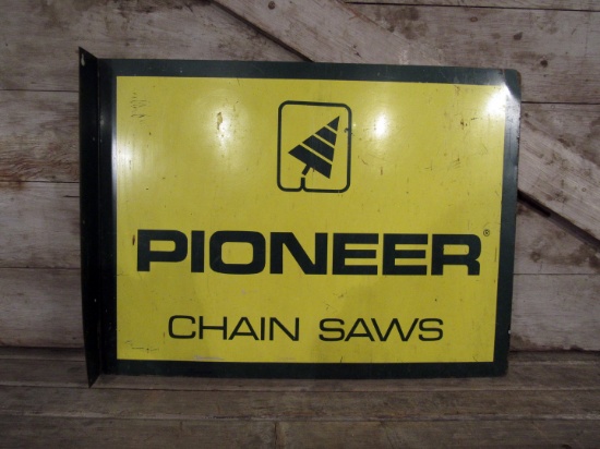 Vintage Pioneer Chain Saws Double Sided Metal Flange Sign
