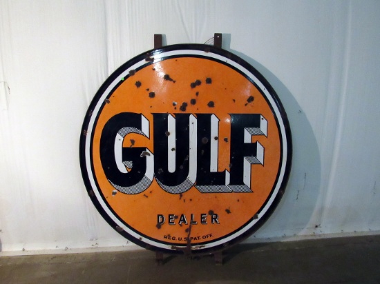 Vintage Gulf Oil Framed Porcelain Sign with Frame and Brackets