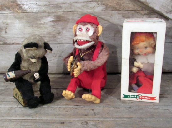 Vintage Monkey, Bear and Elf Toys Battery and Windup