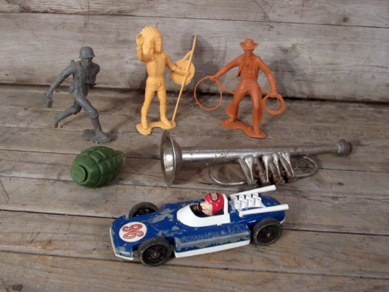 Vintage Toy Figures, Race Car and Toy Horn