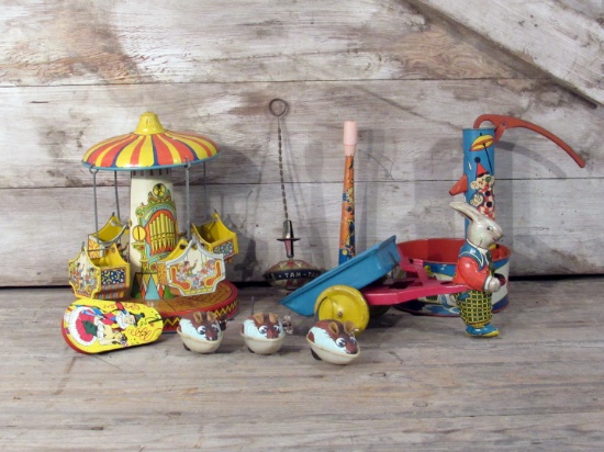 Vintage Tin Toy Ferris Wheel, Rabbit & Windup Mice