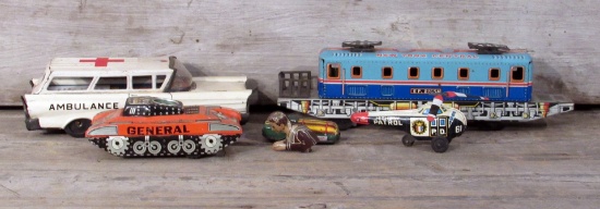 Vintage Tin Friction Train, Ambulance, Tank and Helicopter
