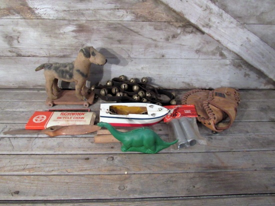 Vintage Sleigh Bells, Mitt, Bike Parts and Toys