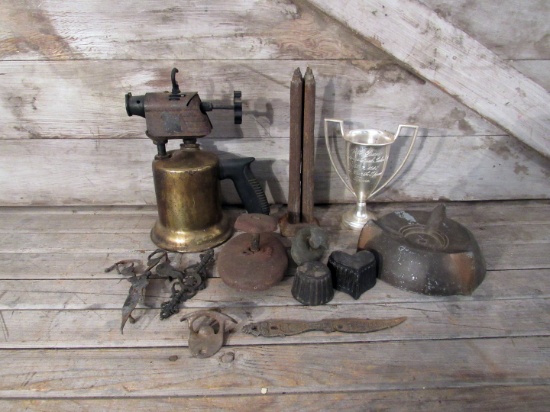 Vintage Torch, Metal Ahstray, Candlemaker and Other Metal Pieces