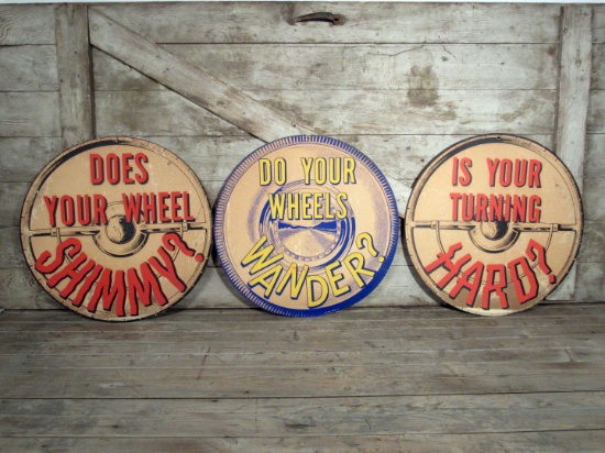 3 Vintage DS Cardboard Car Tire Wheel Shaped Signs