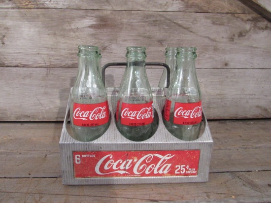 Coca Cola Tin Bottle Carrier with Empty Bottles