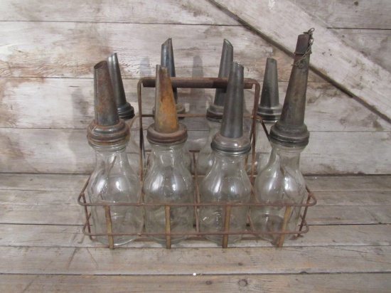 Vintage Metal Oil Bottle Carrier with Bottles