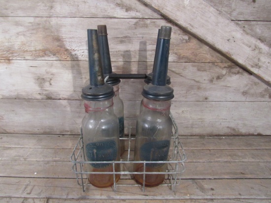 Vintage Metal Oil Bottle Carrier with Standard Oil Bottles