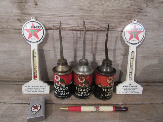 Vintage Texaco Thermometer, Oil Cans, Pen and Lighter