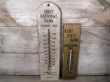 2 Vintage Wood Bank Advertising Thermometers