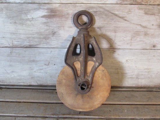 Vintage Cast Iron and Wood Barn Pulley