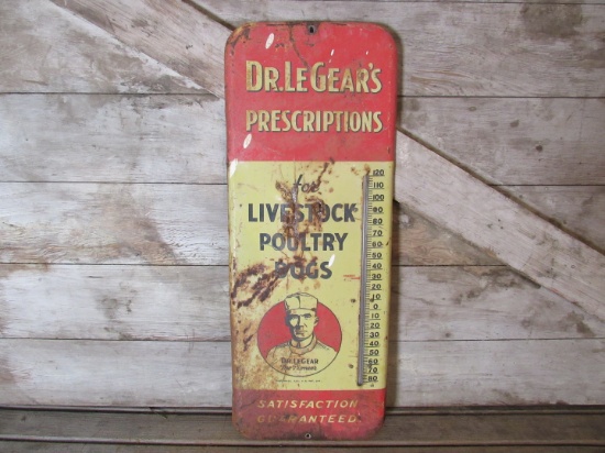 Vintage Dr Legear's Prescriptions for Livestock, Poultry and Dogs Metal Thermometer