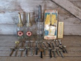 Vintage Razors, Chesterfield & Courier Express Thermometers and Texaco Glass Oil Bottles