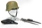 WWII German Military Helmet, German Leather Pistol Holster and German Bayonet