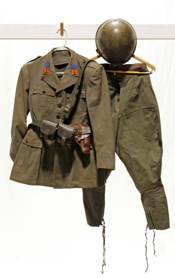 Lot of WWII Italian Army Military Uniform with Helmet, Belt, Carriage Cases and Pistol Holster