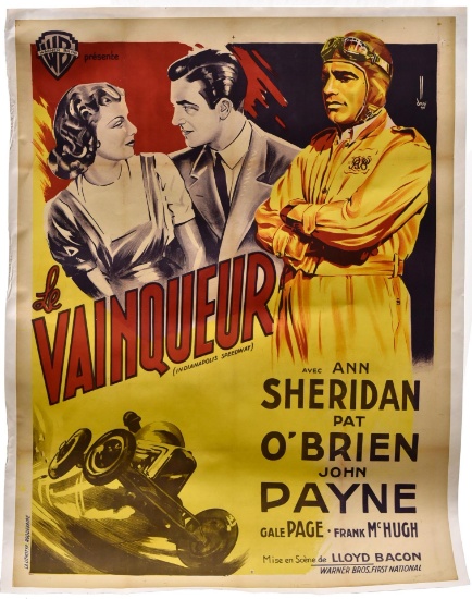 Circa 1940 Pre-WWII French Warner Bros "LeVainquer" Indianapolis 500 Speedway Large Movie Poster