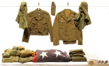 Lot of WWII U.S. Army Uniforms with Bundles of Military Socks and National United States Flag
