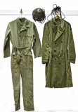 WWII U.S. Army Tank, Soldier Military Tanker Overalls, Helmet, Headphones and Officer's Overcoat