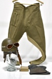 Lot Collection of WWII British Army Motorcycle Helmet, Trousers, Gloves and Goggles