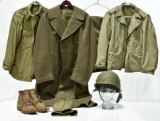 WWII U.S. Army Service Uniform Including Overcoat, Helmet, Leggings and Boots