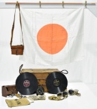 Lot Collection of WWII Imperial Japan Collection with National Flag, Audio Records & Army Equipment