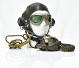 Collection Lot of WWII U.S. Army Air Force Leather Helmet with Headphones, Goggles and Oxygen Mask