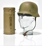WWII German Army Helmet and Empty Gas Mask Canister