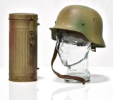 WWII German Army Helmet and Empty Gas Mask Canister