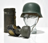 WWII German Army Helmet with Gas Mask and Canister