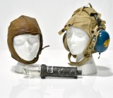 Lot of WWII U.S. Military Leather and Fabric Flight Helmets, Carrier Headset and Beacon Light