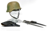 WWII German Military Helmet, German Leather Pistol Holster and German Bayonet