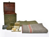 Lot of WWII U.S. Tin Military Medical Supplies Box Container, Wool Blanket, and Medical Supplies