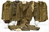 Lot of WWII U.S. Army Service Jackets, Shirts, Wool Overcoat, Garrison Caps, Belts and Gloves