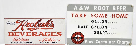 Lot of 2 Soda Signs: A & W Root Beer Take Some Home & Drink Hrobak's Delicious Beverages Sign