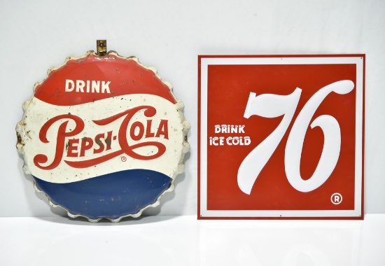 Lot of 2 Soda Signs: Drink Pepsi-Cola Bottle Cap Sign & Drink 76 Ice Cold Sign