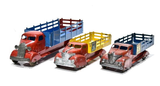 Lot of 3 Marx Pressed Steel Trucks: Delivery Stake Bed Truck, Polar Ice Truck, Motor Market Truck