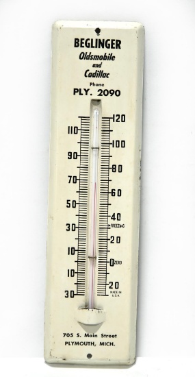 BEGLINGER Oldsmobile and Cadillac Automobile Dealership Plymouth Mich Advertising Thermometer Sign