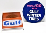 Lot of 2 Double-Sided Complete GULF Tire Display Sign & GULF Tin Tire Insert Sign