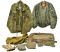 Lot of WWII Clothing Bag and Leggings, Cold War Fatigue Blouse, Flight Jacket, Cold Weather Mittens