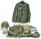 Lot of WWII U.S. Army Field Blouse with Helmet, Clothing Bag, Mess Kit, Gas Mask, Entrenching Tools