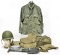 Lot of WWII U.S. Army Field Blouse with Helmet, Clothing Bag, Mess Kit, Canteen, Entrenching Tools