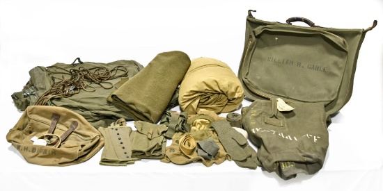 Lot of WWII U.S. Army Clothing Bags, Sleeping Materials, Boot Leggings, Field Kit Pouches